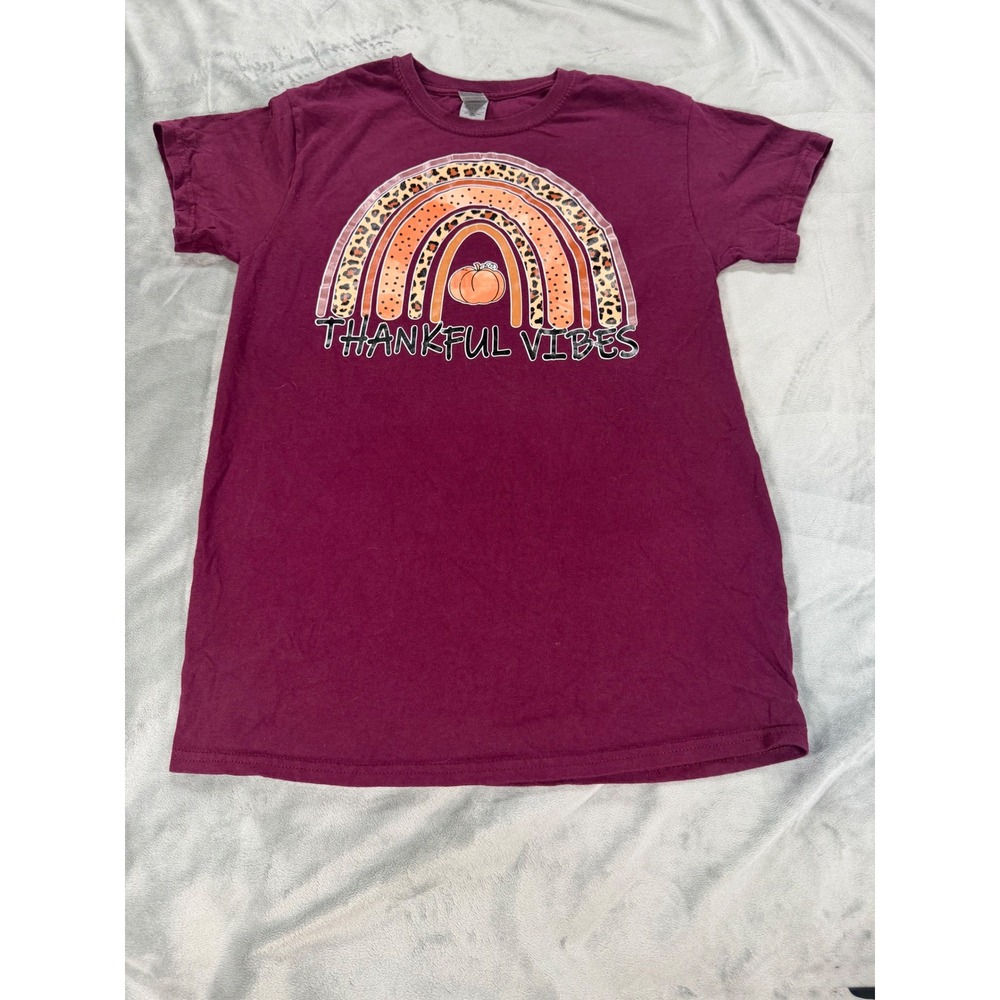 Women's Maroon "Thankful Vibes" Thanksgiving Fall Autumn Cotton TShirt Small
